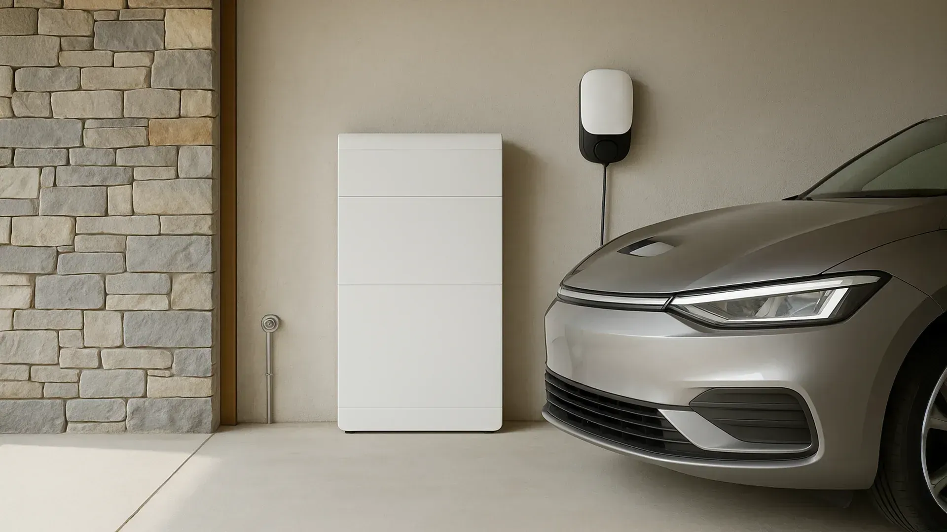 Batterie domestique installée dans un garage, à côté d'une voiture électrique en charge