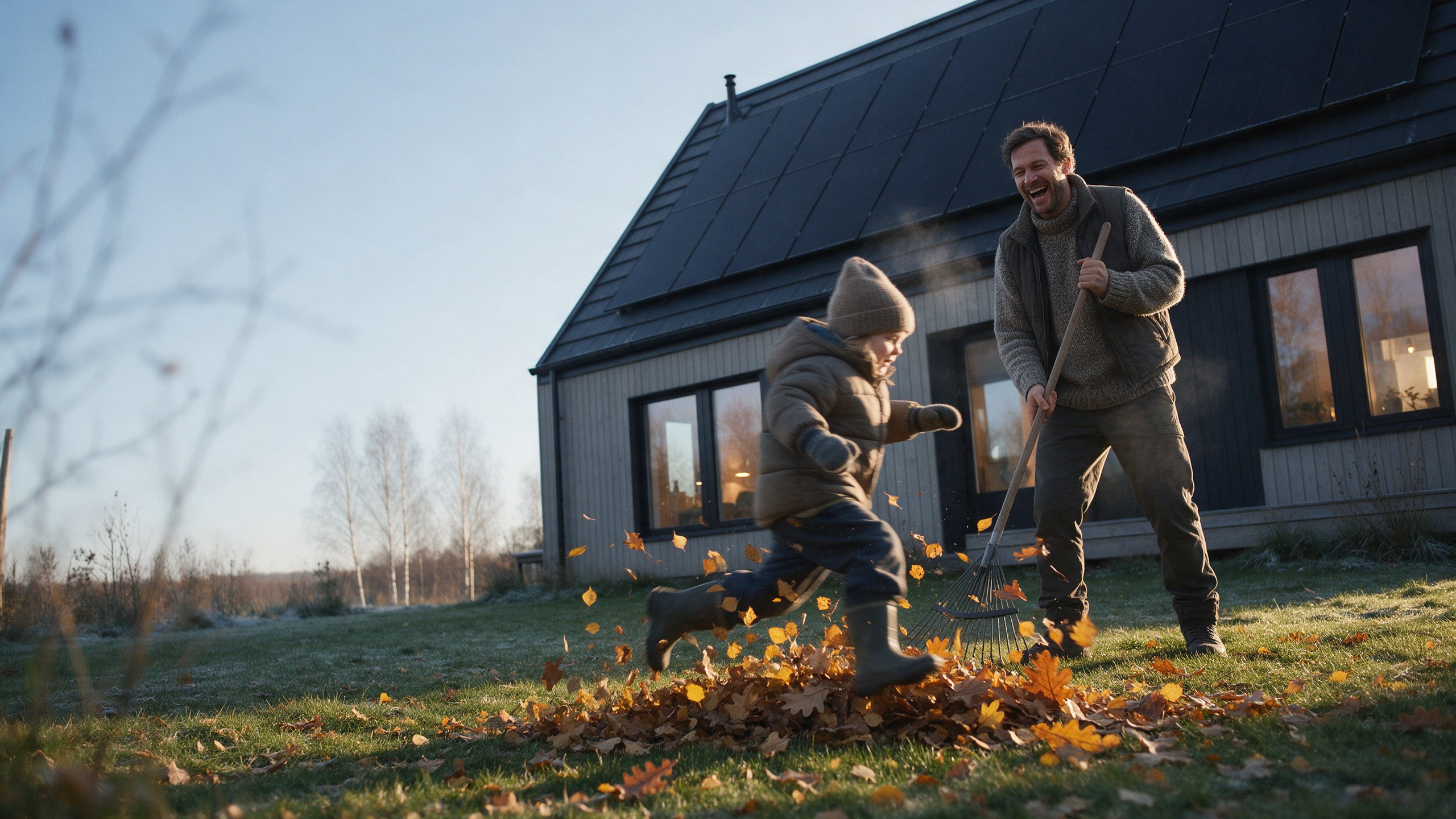 Un père et son enfant jouent dans les feuilles d'automne devant leur maison équipée de panneaux solaires