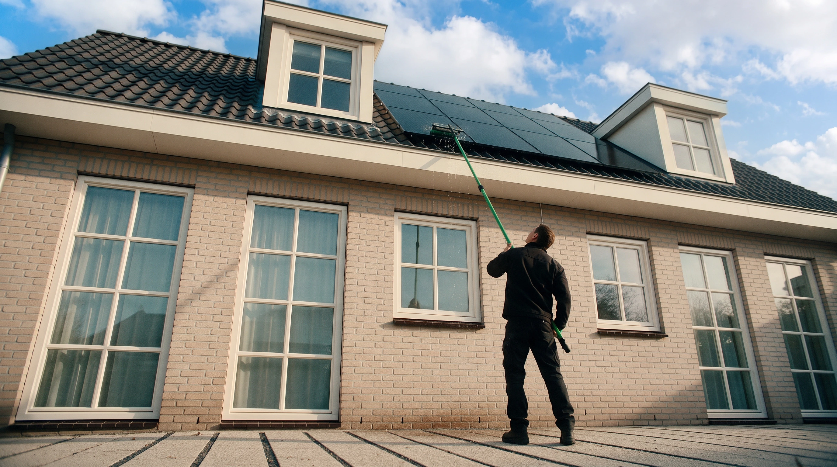 Technicien Otovo nettoyant des panneaux solaires
