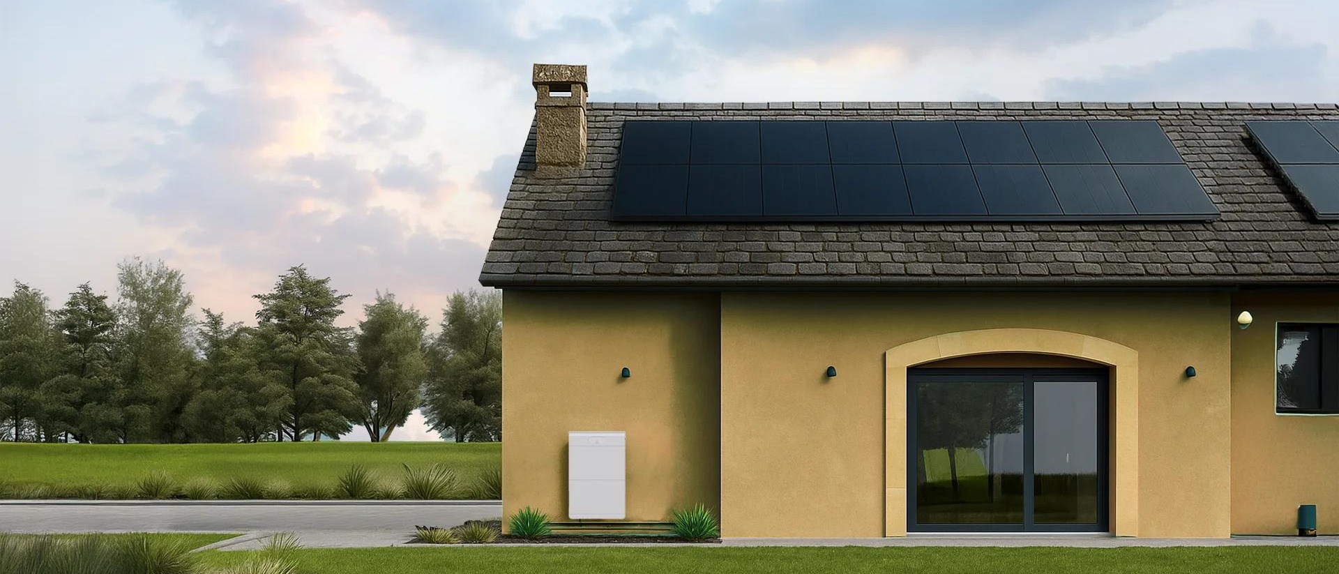 Maison avec panneaux solaires et batterie domestique installée au crépuscule